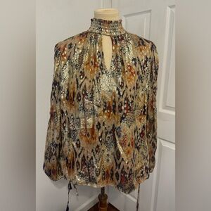 VerB Metallic Lurex Boho Blouse Smocked Neck Keyhole Top Medium Gold Ikat Print